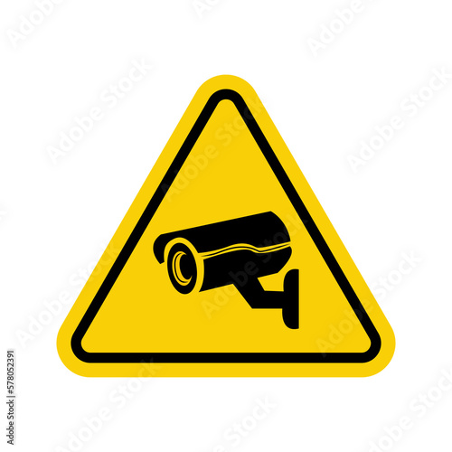 CCTV camera sign. Yellow triangle indicating camera operation. Camera warning sign.