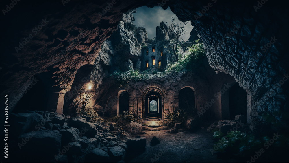 dark castle in cavern