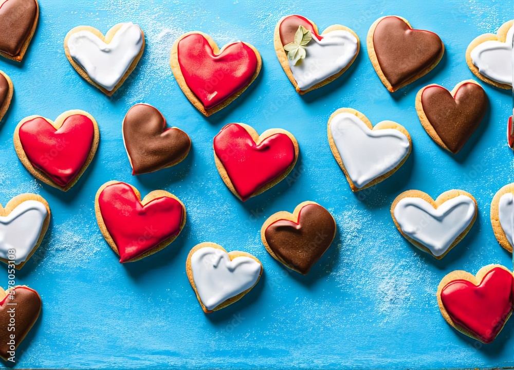 Fototapeta premium heart shaped cookies on a blue background. top view.
