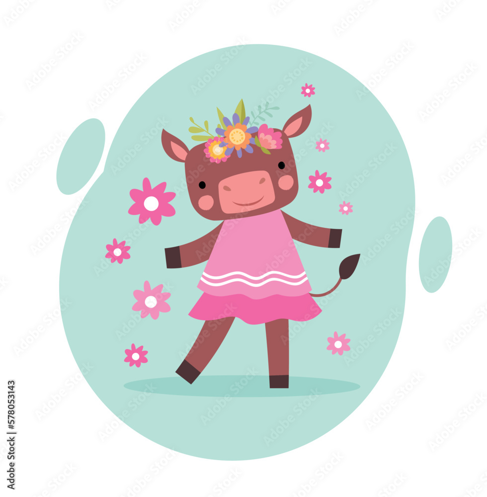 Cute cow in spring. Charming character in pink dress with wreath of flowers. Beautiful animal in clearing in summer season and warm weather. Cartoon flat vector illustration Cute cow in spring. Charming character in pink dress with wreath of flowers. Beautiful animal in clearing in summer season and warm weather. Cartoon flat vector illustration