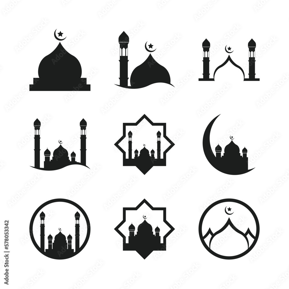mosque vector icons. Simple illustration set of 9 mosque elements, can be used in logo, UI and web design