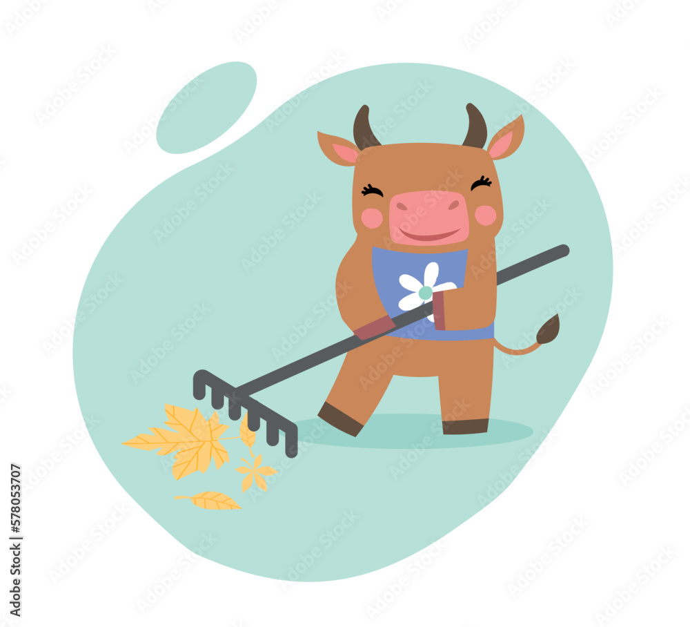 Cute cow with rakes. Animal with tool collects yellow leaves, farm character, countryside. Autumn and fall season. Gardening and farming, agriculture. Cartoon flat vector illustration