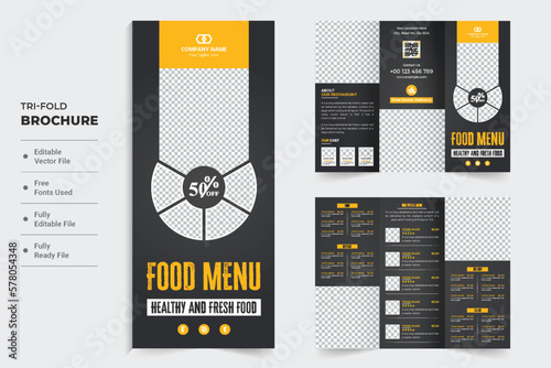 Healthy restaurant food menu banner and brochure template vector on a dark background. Restaurant menu list tri fold brochure design with photo placeholders. Creative culinary advertisement template.