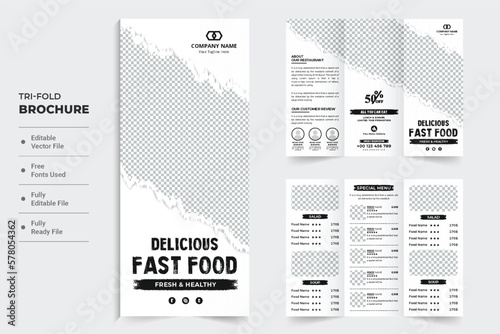 Creative food menu tri fold brochure design with brush effect on a white background. Modern food menu poster and banner layout vector for marketing. Restaurant business promotional brochure template.