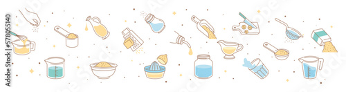 Cooking seamless pattern. Repeating design element for printing on fabric. Mixer and grater with product. Jar, glass and jug of water. Bowl and spoon with groats. Cartoon flat vector illustration