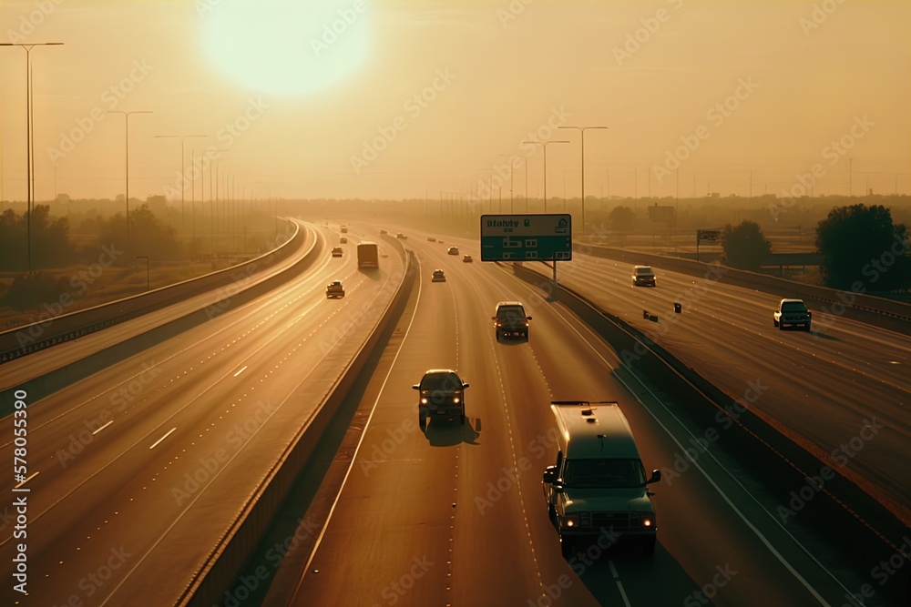 A congested highway at sunset. Smog, Pollution. 