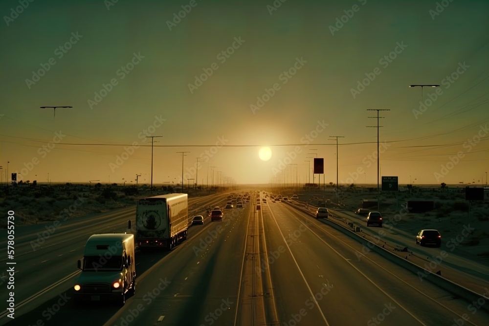 A congested highway at sunset. Smog, Pollution. 