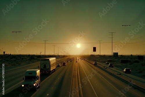A congested highway at sunset. Smog  Pollution. 