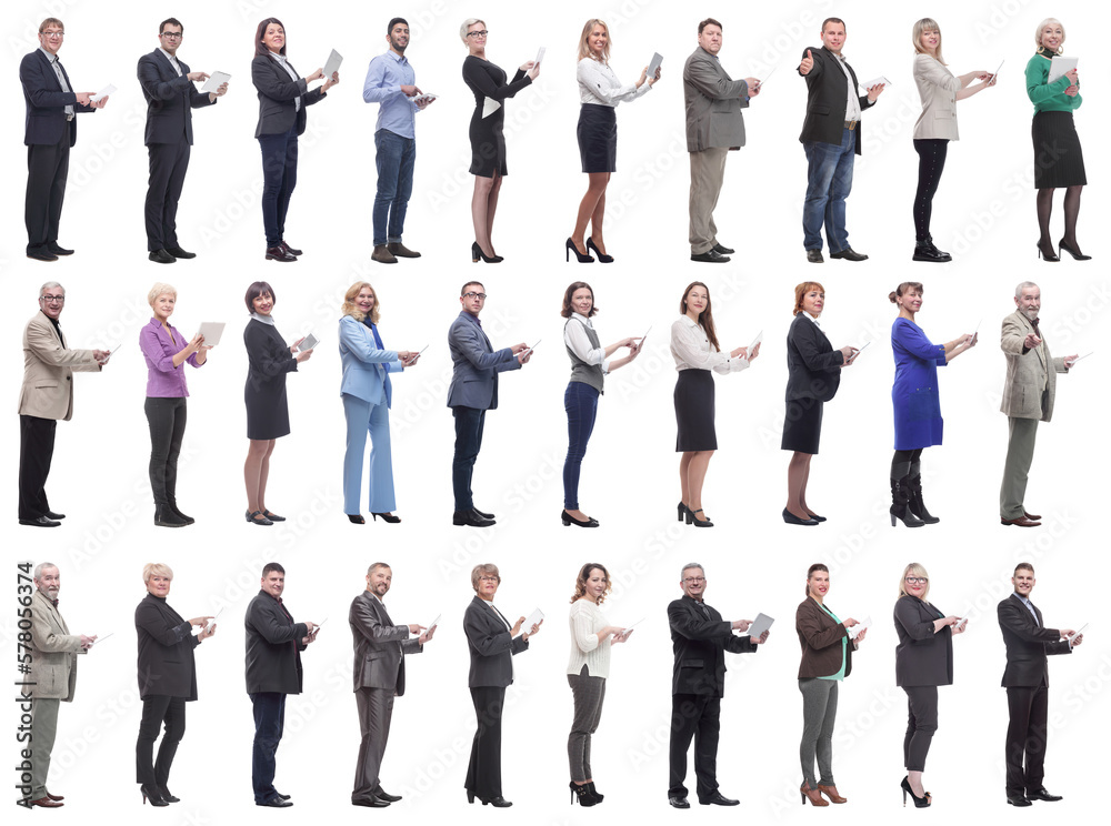 group of people demonstrating tablet looking at camera group of people demonstrating tablet looking at camera