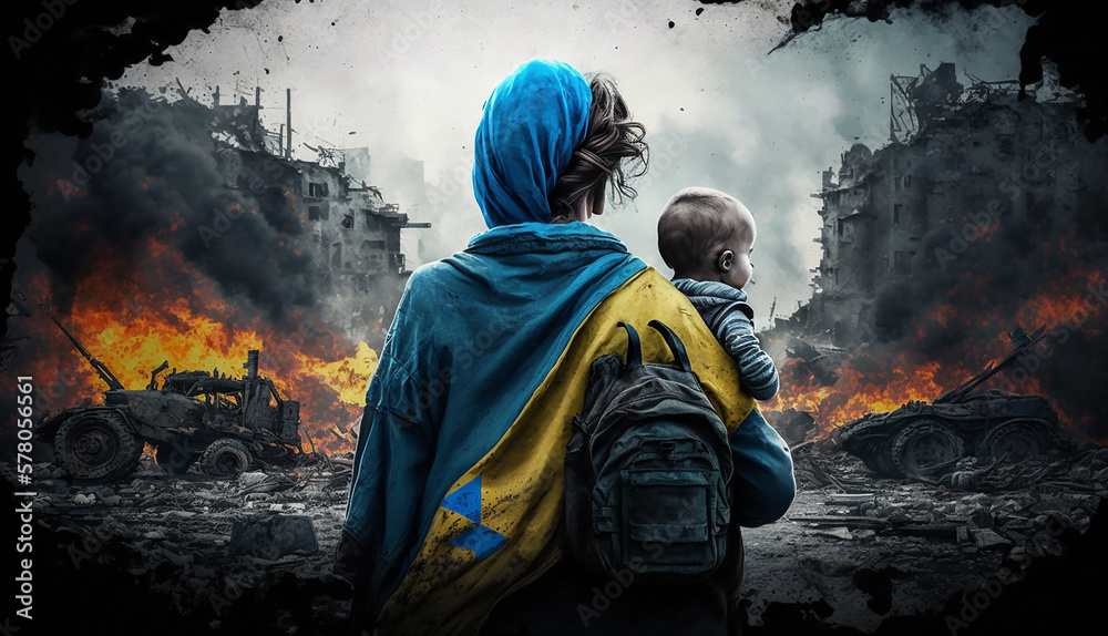 Ukrainian mother with a baby and a flag on the background of a burning city. Generative AI.