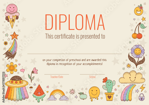 Kid diploma with drawing element. School certificate background. Playful children preschool abstract diploma. Childish kindergarten frame. Participation certificate template. Child vector graduation