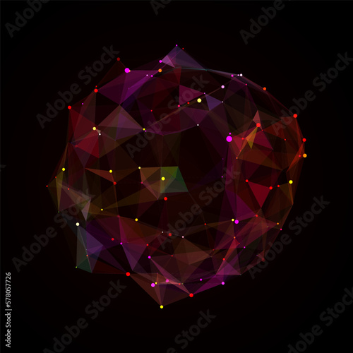 Abstract sci-fi sphere with particles and lines. Technology network connection on world. Futuristic vector illustration. Global digital connections ai. 3D wireframe geometric sphere.