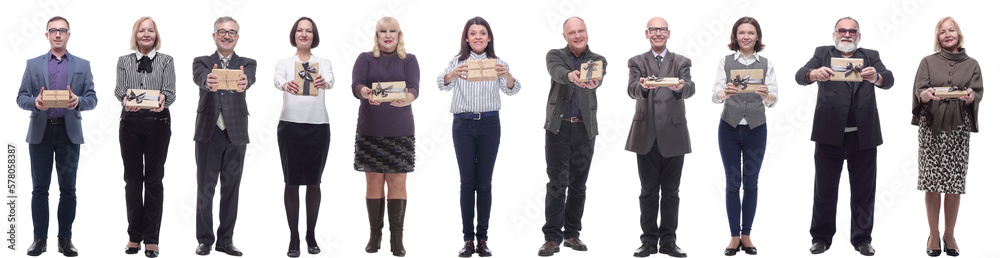 group of happy people with gifts in their hands isolated