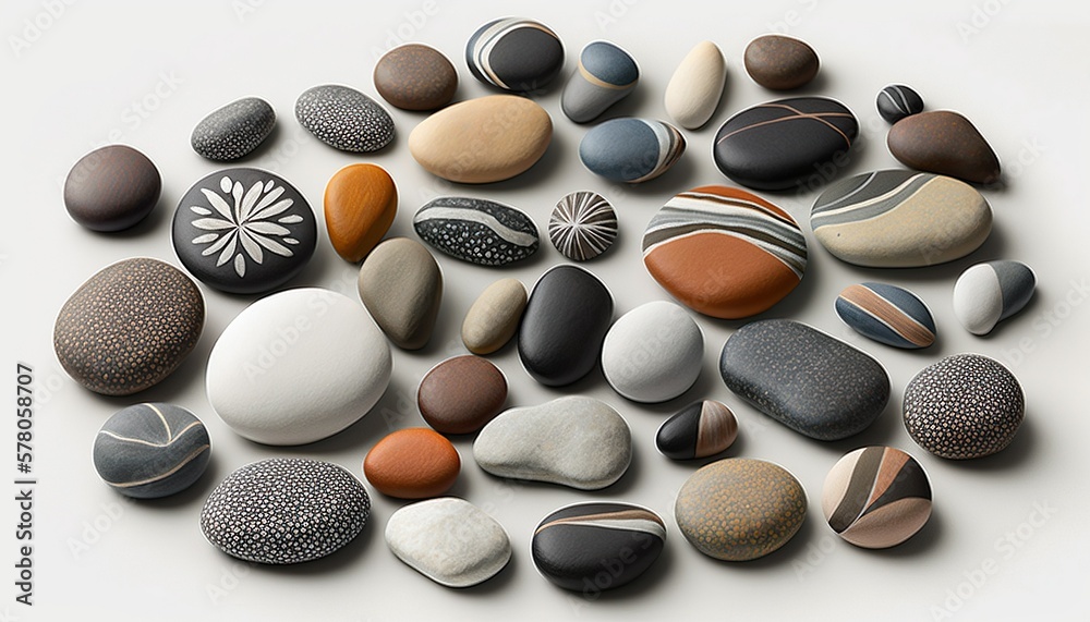 Collection set of different zen healthy harmony nature colored peebles rocks white background wallpaper created with generative AI technology