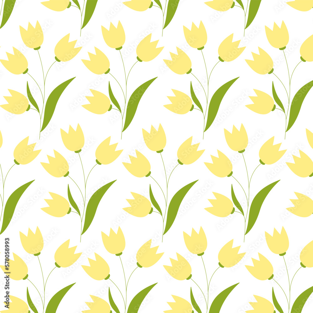 Seamless pattern of hand drawn of doodle tulips on isolated background. Design for mother's day, Easter, springtime and summertime celebration, scrapbooking, textile, home decor, paper craft.