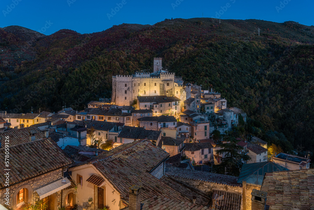 The scenographic village of Cineto Romano illuminated in the evening, in the Province of Rome, Lazio, central Italy.