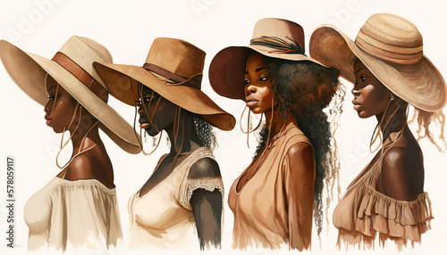 straw hat fashion presented by african models. Watercolor illustration. Generative AI