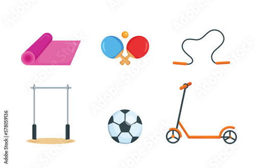 Sport equipment isometric vector set.Fitness and sport inventory, gym accessories.Sport and healthy lifestyle concept.Yoga mat,Table tennis, Jump rope,Pull-ups bar and hung-up bar, Footballs, Scooter.