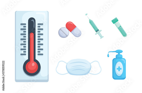 Medicine set. Medical instruments, diagnosis and treatment. Pills, first aid kit, thermometer, syringe,Face mask,COVID test kit