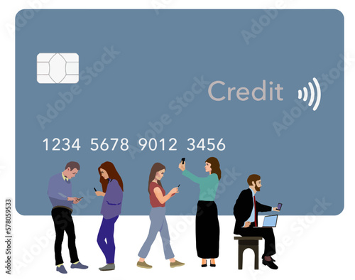People look at their cell phones as they stand in front of a giant credit card in a vector about cell phone apps linking credit cards for shopping and more.