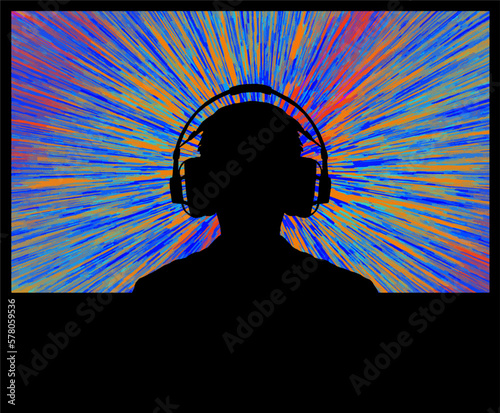 A kid wears headphones as they play video games in this vector illustration.