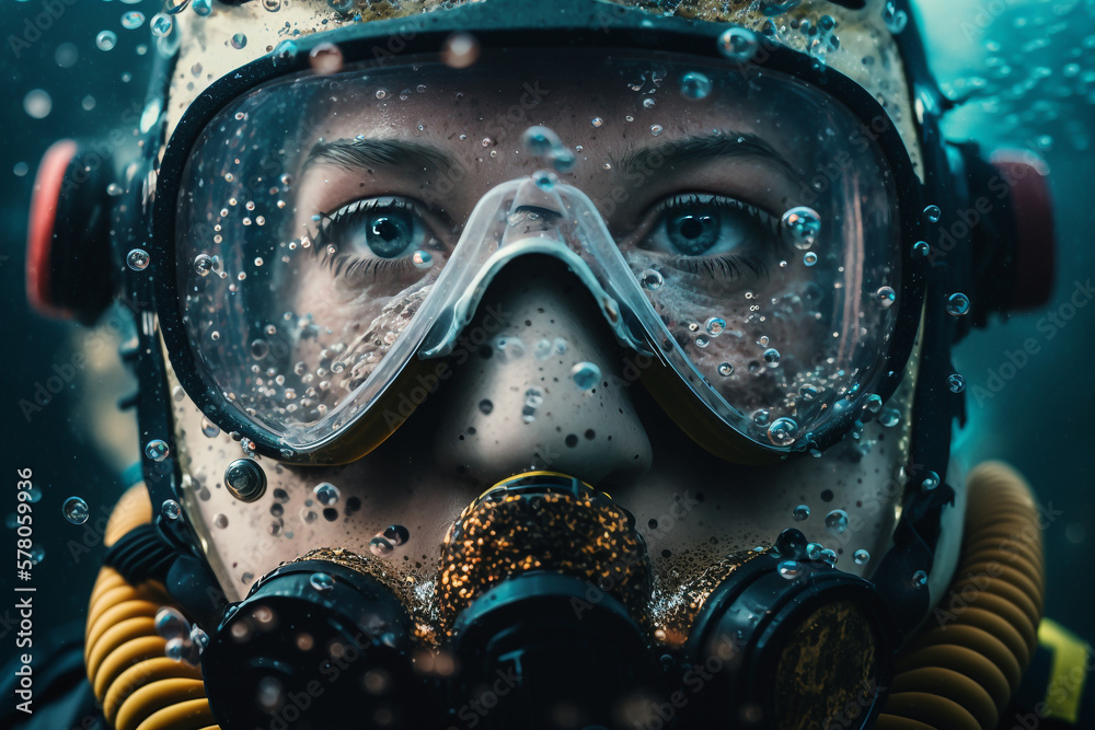 man face under water in waterproof goggles Generative AI man face under water in waterproof goggles Generative AI