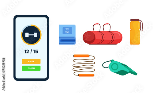 Sport equipment isometric vector set.Fitness inventory,gym accessories.Healthy lifestyle concepts.Timer on the phone lifting the dumbbell, Blue sport towel, Red sports equipment bag, Yellow portable.