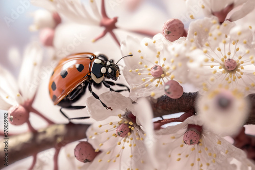 ladybug on pink flowers Generative AI