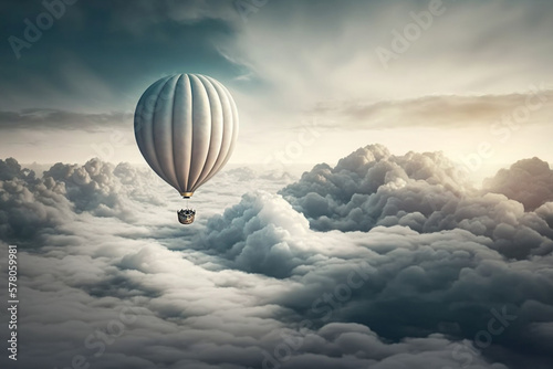 hot air balloon in the sunset evening sky and pure cloud copy space Generative AI