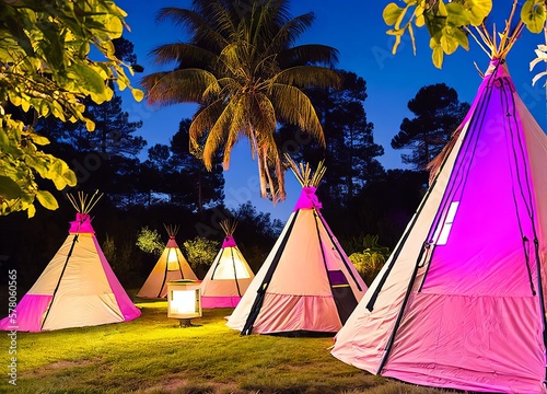 teepees, camping, tent with umbrellas, tents on the sea coast, cappadocia, turkey
