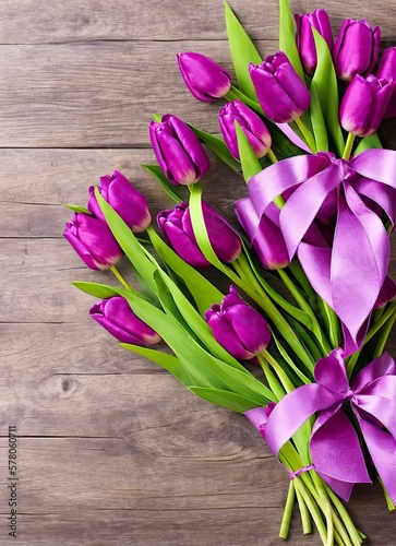 beautiful bouquet of pink tulips on wooden background