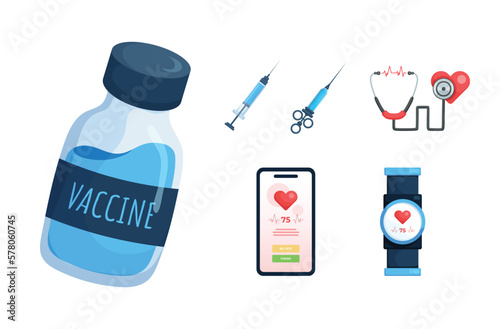 Vaccines, syringes, thermometers, heart rhythm reporting apps, heart rate monitors.concepts medical supplies. First aid kit, pharmacy drugs.