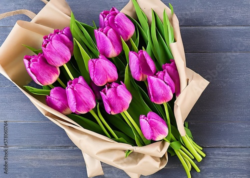 beautiful bouquet of pink tulips on wooden background