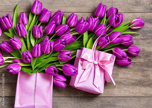 beautiful bouquet of pink tulips on wooden background