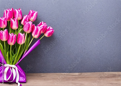 beautiful bouquet of pink tulips on wooden background
