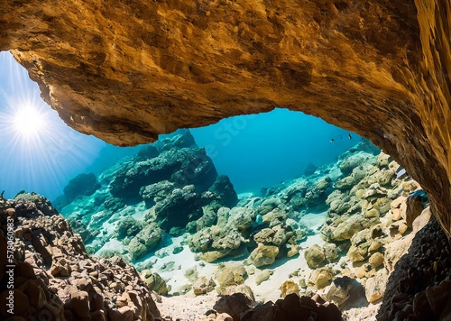 beautiful tropical sea and ocean water with corals and rocks. nature background.