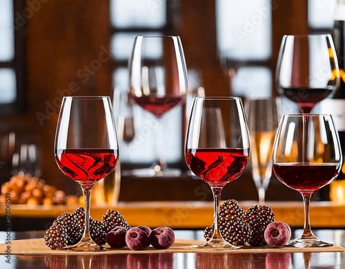 red wine and glass of white and black grapes on a wooden background.