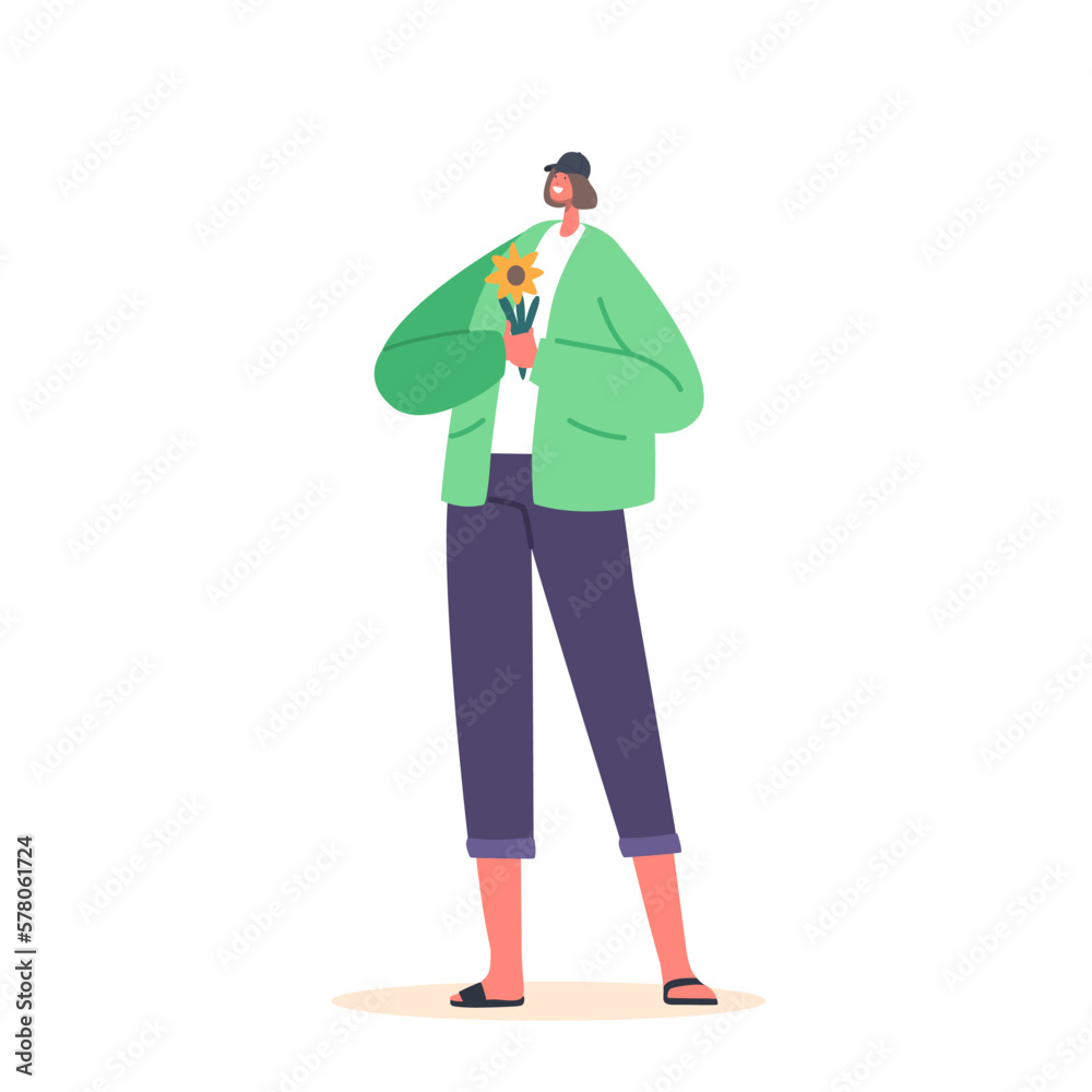 Young Girl With Flower In Hands, Female Character In Youthful Clothes Holding Blossom. Date, Romance, Love Concept Young Girl With Flower In Hands, Female Character In Youthful Clothes Holding Blossom. Date, Romance, Love Concept