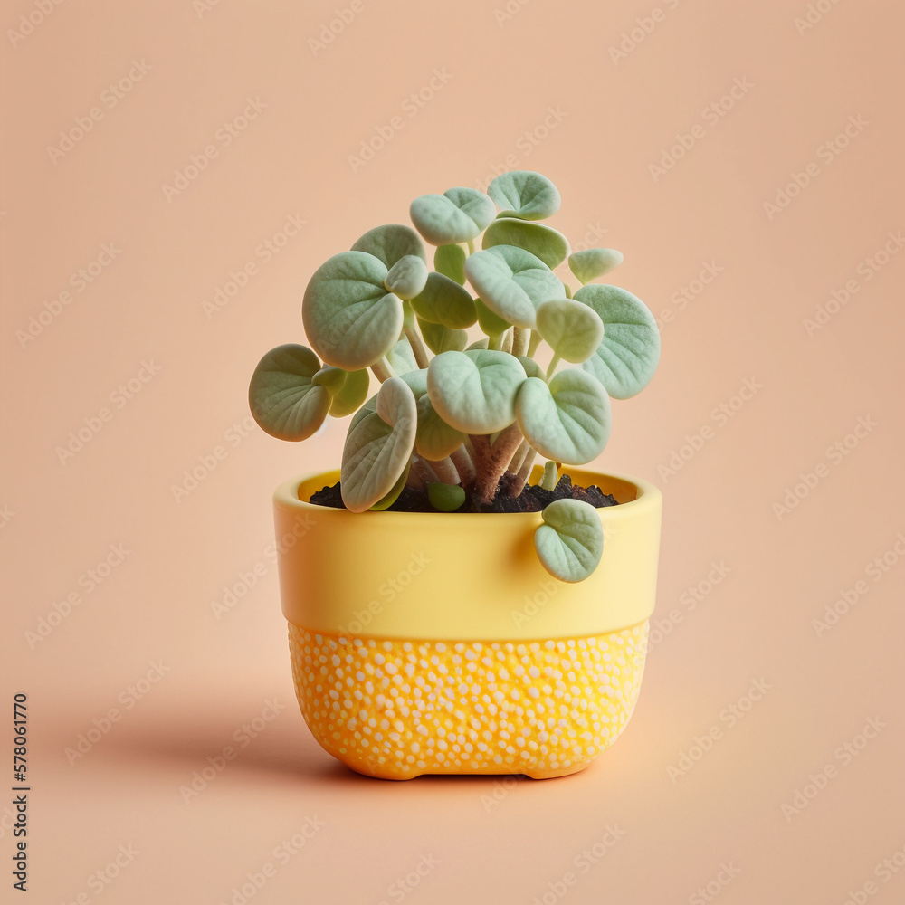 Mini Pilea plant in a pot on pastel yellow background created with Generative AI Technology