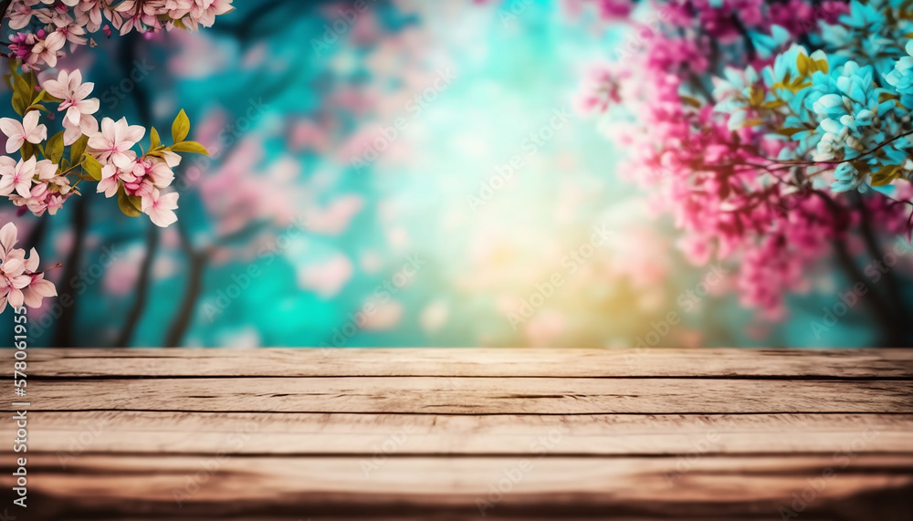 Empty wooden surface with with pink spring sakura cherry blossom background, generative ai Empty wooden surface with with pink spring sakura cherry blossom background, generative ai