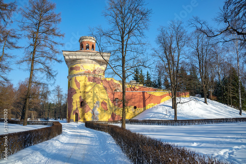 An ancient Tower-ruin in Catherine Park on a February day. Tsarskoye selo