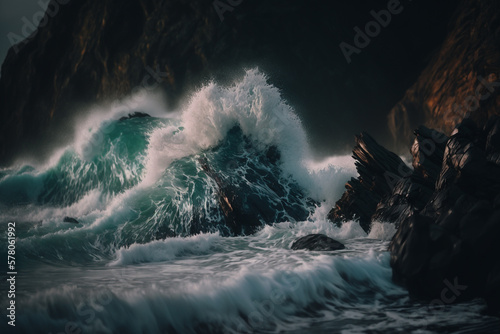 frash ocean waves crash on rocks Generative AI
