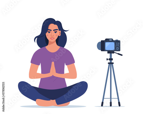 The girl is broadcasting yoga classes in her apartment. Young woman making meditation in lotus pose. Online Yoga Concept. Vector illustration.