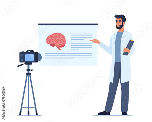 Doctor gives a training lecture about anatomy on camera. Doctor presenting human brain infographics. Online medical seminar, lecture, healthcare meeting concept. Vector illustration.
