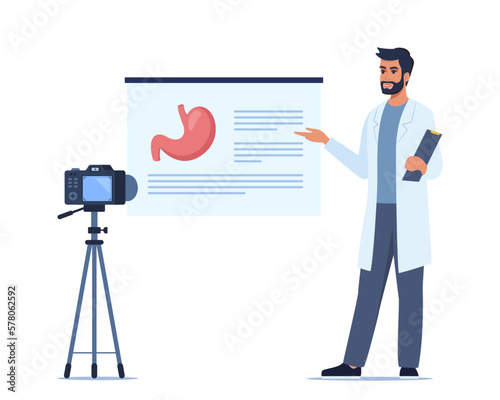 Doctor gives a training lecture about anatomy on camera. Doctor presenting human stomach infographics. Online medical seminar, lecture, healthcare meeting concept. Vector illustration.