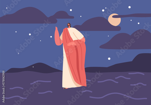 Jesus Walking On Water Bible Scene, Son Of God Standing On Sea Waves And Night Stormy Sky In The Background