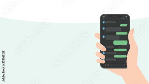 スマホを持つ女性の手とトーク画面 - スマートフォン･メッセージアプリのイメージ - ダークモード･16:9比率
