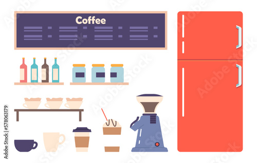 Set Of Coffee Shop Interior Items. Wooden Table, Shelves With Various Coffee-related Items Such As Mugs, Beans