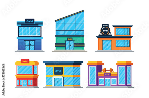 Modern two-storey blue building,Two-storey green building in modern style with a lean-to roof,Modern two storey orange building with gym and dumbbell sign.