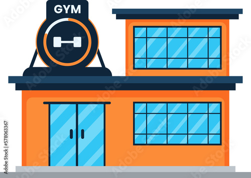 Modern two storey orange building with gym and dumbbell sign.Gym or gymnasium, fitness center architecture building with barbell on top.Modern sport club fitness interior vector.